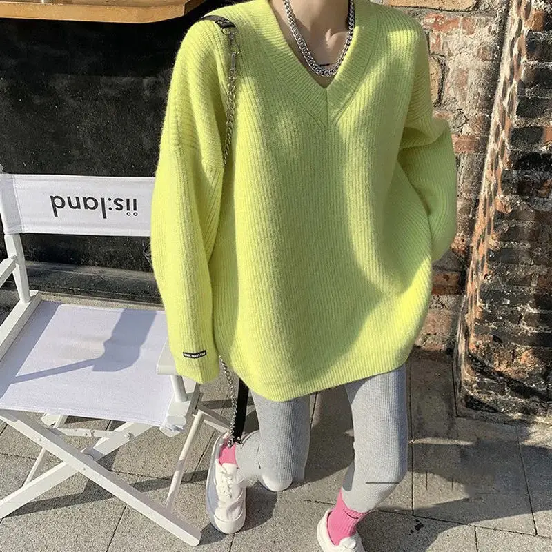 

V-Neck Solid Color Knitted Sweater Female 2024 Autumn Winter New Loose Lazy Wind Thickened Joker Long Sleeve Pullover Top