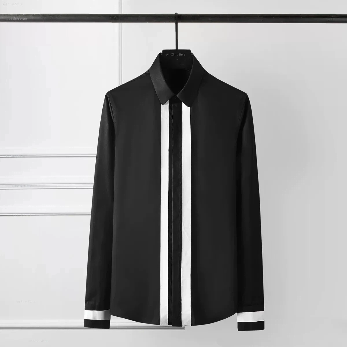 

"Simple European style double-breasted contrast color stitching printed fashionable versatile slim-fitting long-sleeved shirt"
