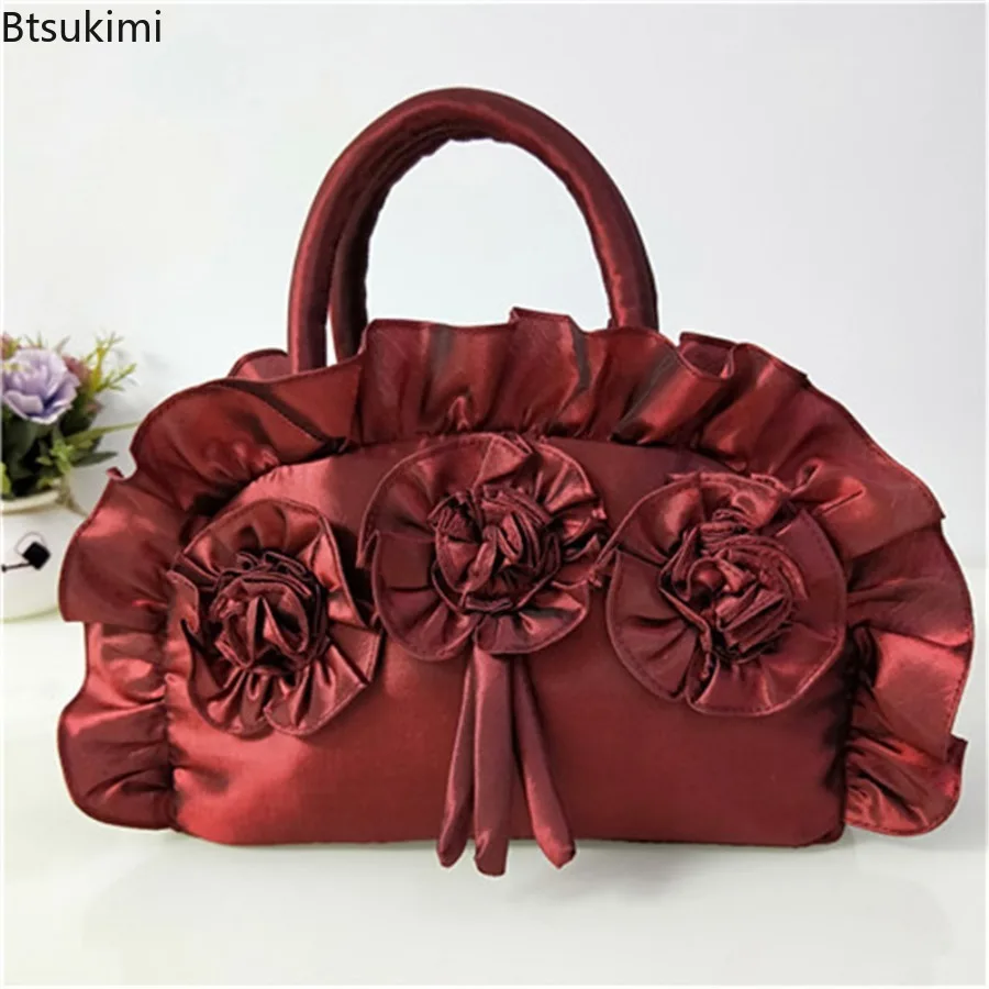 New Women's Flowers Silk Handbags Pure Color Vintage Zipper Handbag Mom Bag Large Capacity Mobile Phone Change Purse Storage Bag