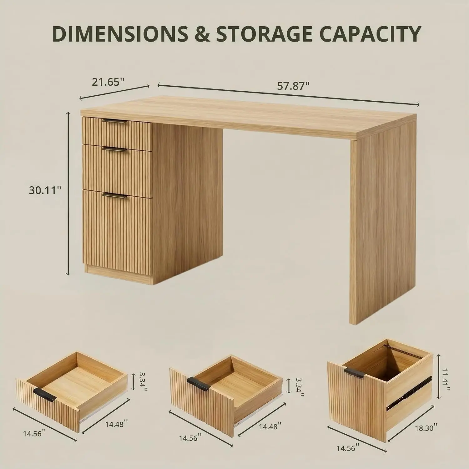 Fluted Executive Desk with Power Outlet & File Cabinet, 3 Storage Drawers Computer Workstation for Home Office Study Bedroom, Na
