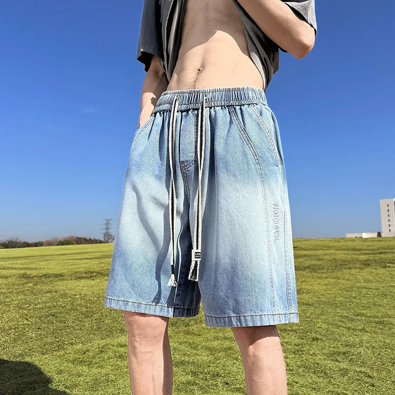 2024 Summer Denim Shorts Men Large Size 8XL patchwork Color Washed Cotton Baggy Jean Shorts Drawstring Streetwear Y2K Short