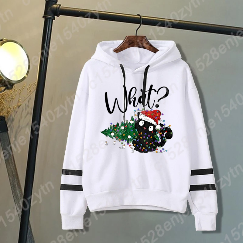 Fashion Women Hoodies Christmas Light Black Cat What Print Hoodies Casual Autumn Hooded Sweatshirts Loose Pullover Plus Size Top