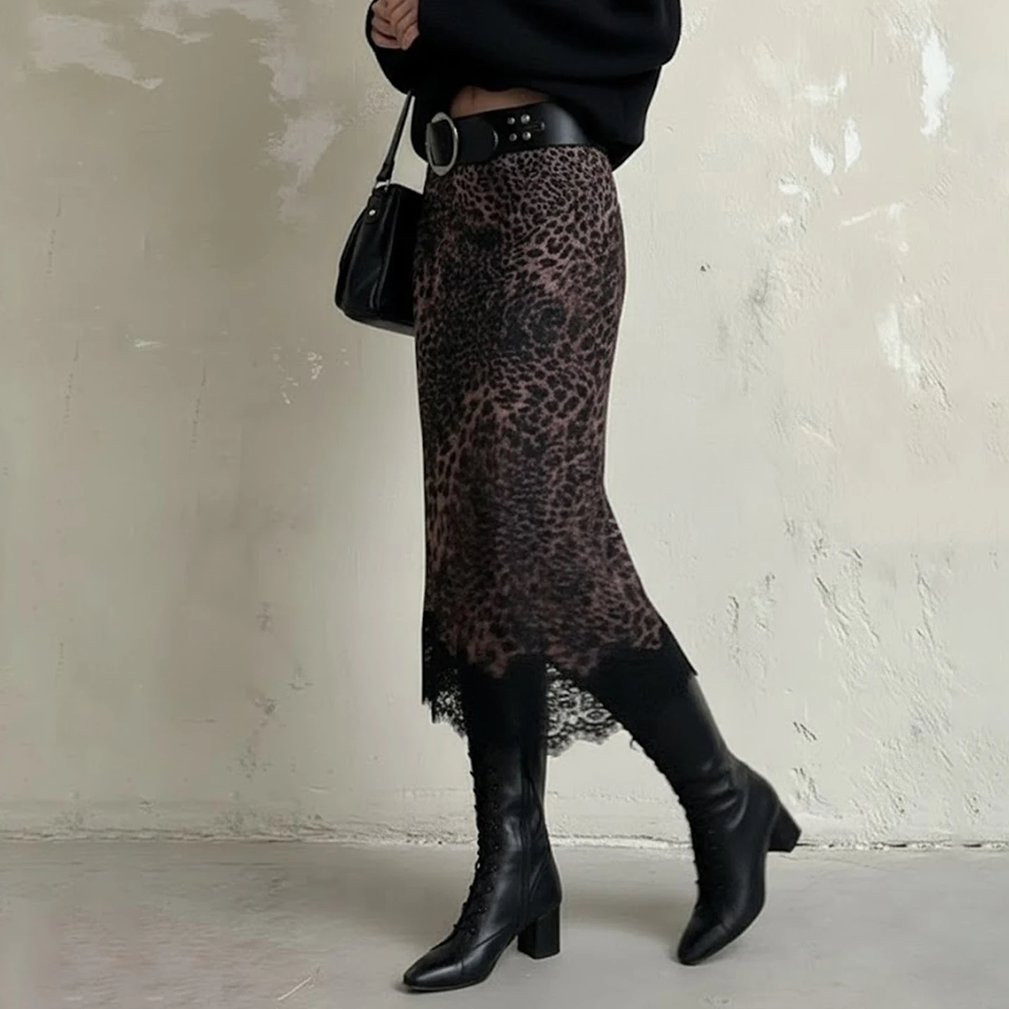SUCHCUTE Vintage Low-Waist Leopardenmuster Spitze Patchwork Rock Y2K Streetwear Spitzenbesatz Saum Langer Rock Elegante Ästhetik 2025 – Detail 14