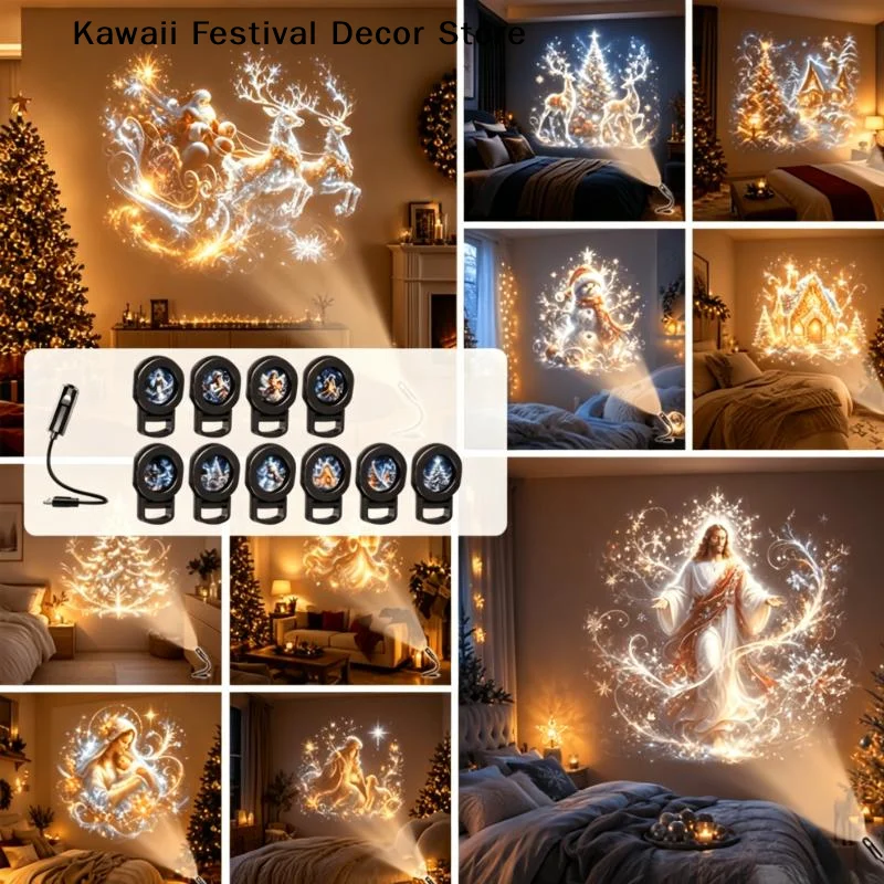 【K】USB Christmas Projector Light 10pcs Patterns Adjustable Night Light Xmas Santa Snowman Church Nativity Projection Lamp Decor
