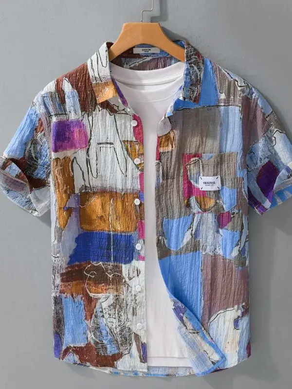 Loose Breathable Men's Short Sleeve Shirt Casual Style Graffiti Print Open Cardigan Fashionable Summer New Arrival