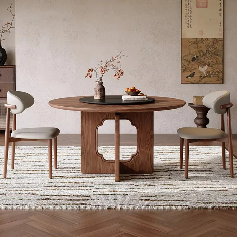 Modern Luxury Designer Wooden Round Dining Table Walnut Color Dinner Table With Turntable For Home High End Dining Table Set
