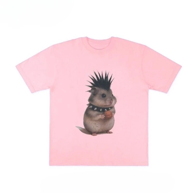 เสื้อยืดผู้หญิงลายตลกๆ รูปหนูร็อค แขนสั้น คอกลม สไตล์ลำลอง แฟชั่นสตรีทแวร์ เสื้อยืดลายกราฟิก เสื้อผ้าผู้หญิง