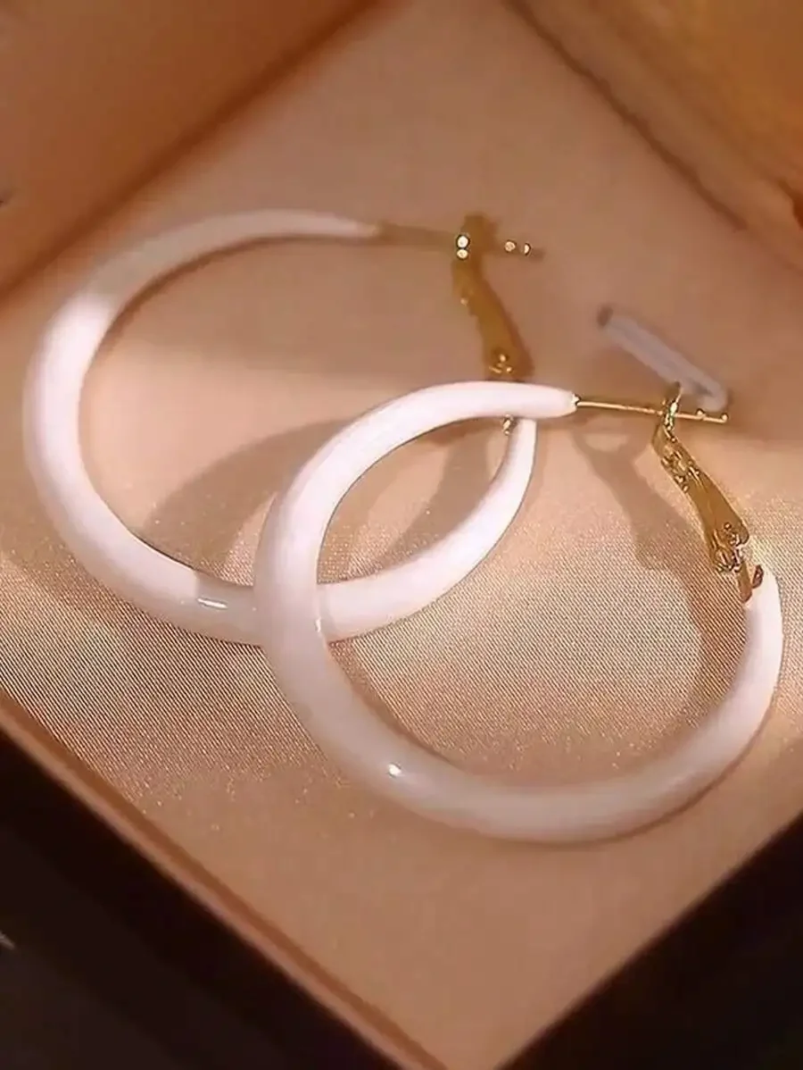 

White Enamel Hoop Earrings Large Circle Statement Jewelry For Women