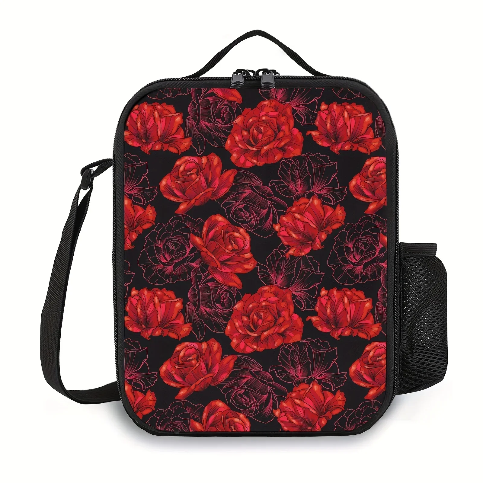 1pc Purple Flower/Black Rose/Red Rose Lunch Bag For Mens/Womens Insulated Reusable Lunch Bag For Teenagers And Workers At School