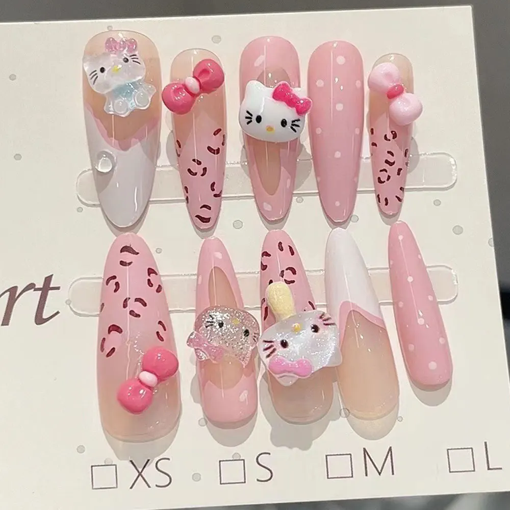 30 pçs rosa olá kitty longo amêndoa unhas falsas leopardo arco bolinhas kawaii capa completa imprensa em unhas diy manicure decorações