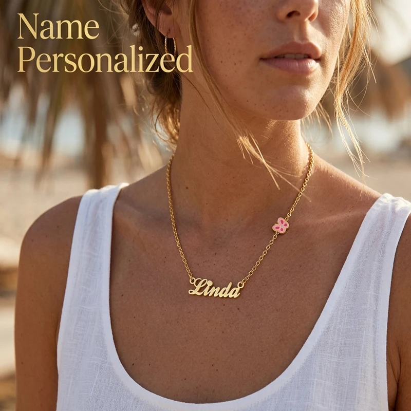 

Butterfly Name Necklace Gold Plated Stainless Steel Custom Nameplate Sideway Pink Enamel Non Tarnish for Women Girls