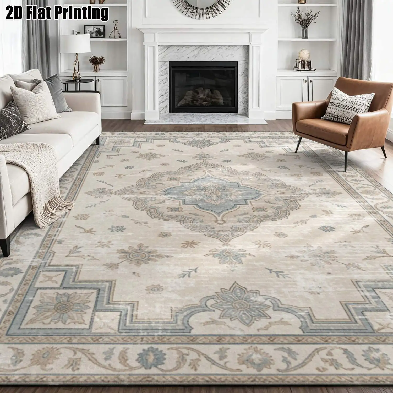 1Pc 2D Printed Blue-Grey Retro Floral European Carpet, Multi-Size, Machine-Washable, Ideal for Entrance, Dining Room, Foyer, Bedroom & Living Room Home Decoration