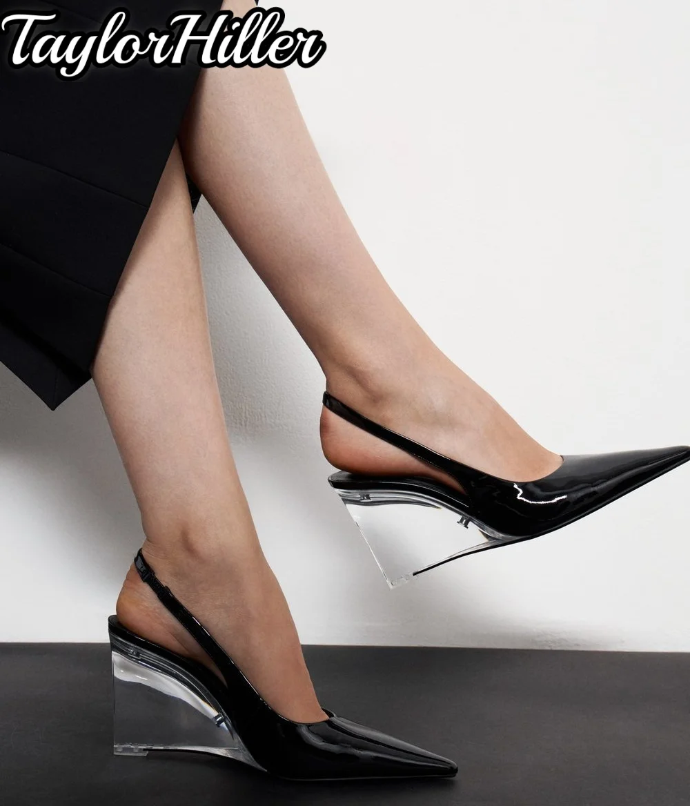 Slingbacks Brown Patent Leather Wedges Sandals Luxury Pull On Transparent High Heels Summer Sexy New Solid Black Shallow Shoes