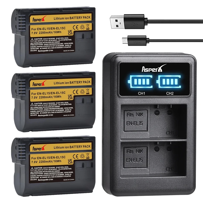 2280mAh EN-EL15C Bateria EL15C EN EL15 Battery + Dual Charger for Nikon Z5, Z6, Z6 II, Z7, Z7II D780, D850, D7500, D500, D600