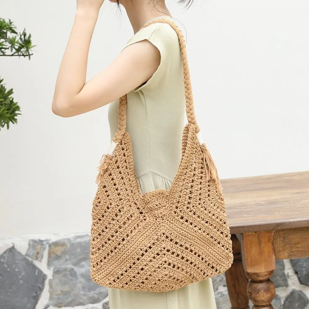 

Винтажная богемная вязаная сумка через плечо, однотонная ажурная сумка-тоут, большая вместительная сумка из хлопковой нити, плетеная сумка для девушек