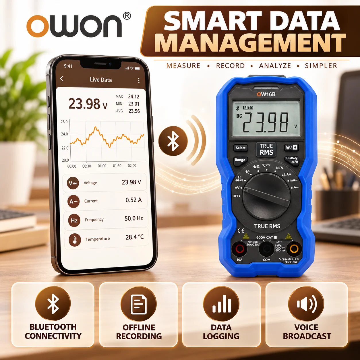 OWON OW16B Smart True RMS Digital Multimeter Bluetooth Data Logging Offline Recording Voice Broadcast NCV AC/DC 600V Temperature