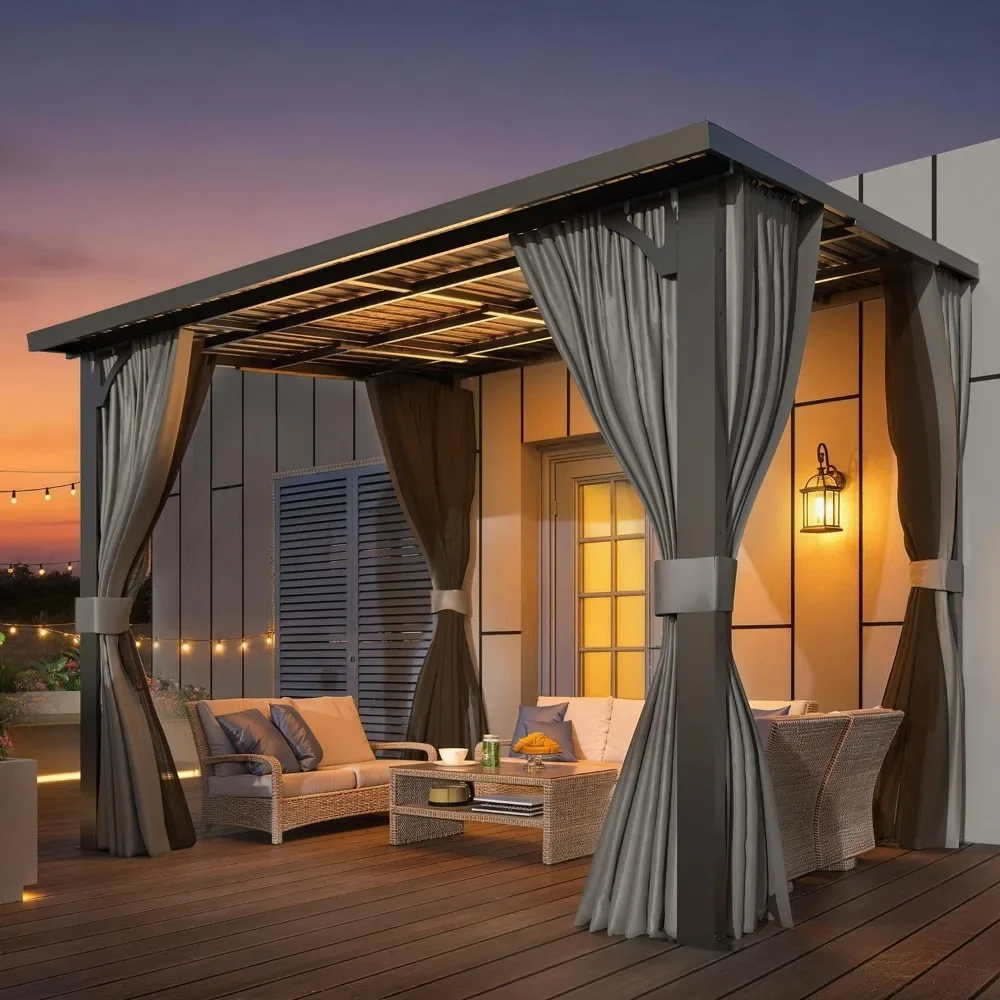HOT 10x8 Outdoor Pergola Hardtop Gazebo with Curtains and Netting, Small Heavy Duty Lean to Metal Pergola and Grill