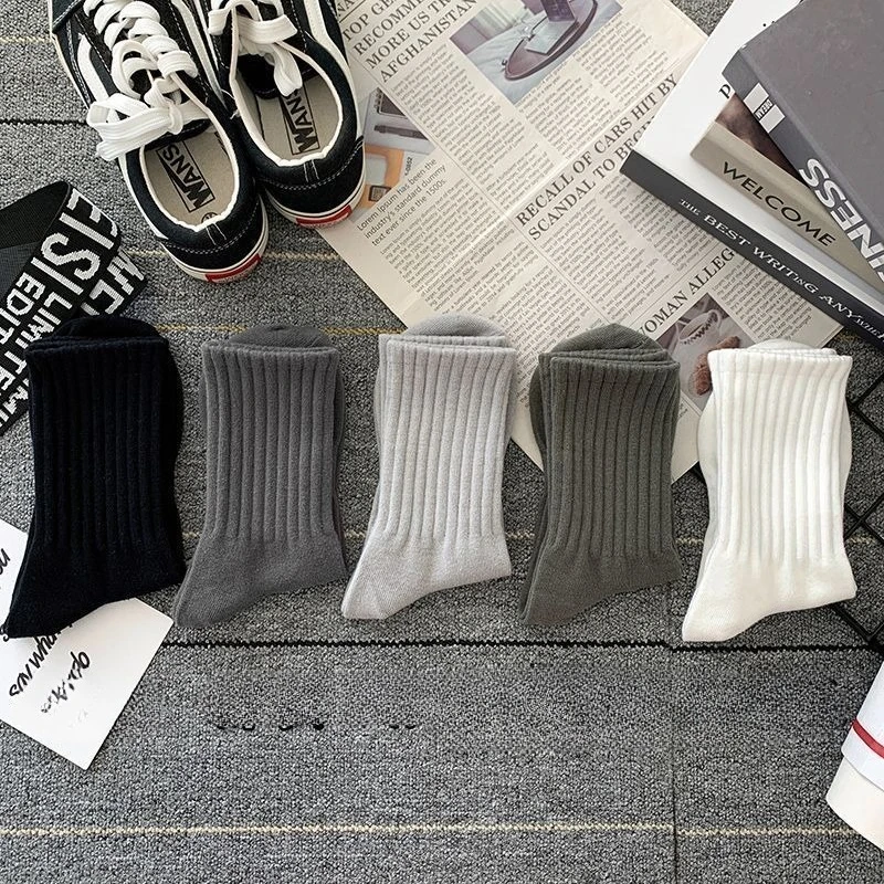 5 pairs of autumn winter thick thread anti odor sweat absorbing breathable mid tube socks sports thick solid color casual socks