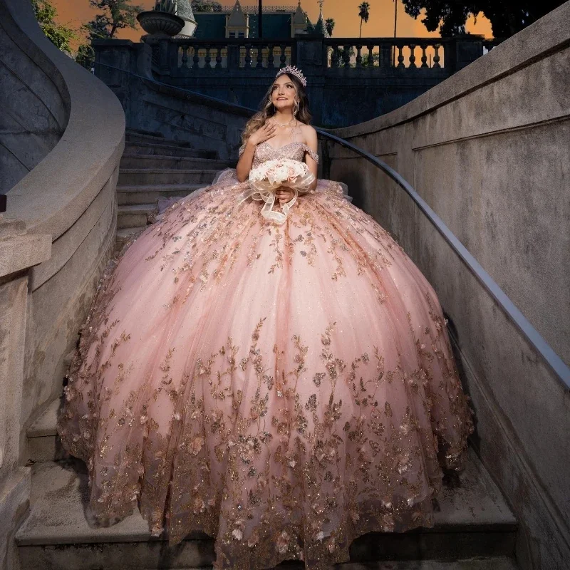 فستان Quinceanera المكسيكي الوردي فستان حفلات الأميرة تول ذهبي مزين بالخرز الحلو 15 16 فستان Vestidos De 15 Anos 2024