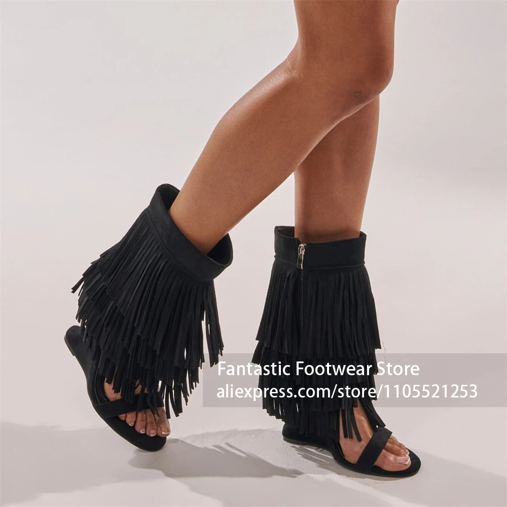 Multi-layer Long Tassel Fringe Shaft Boots Single Toe Strap Open-toe Design Boots Suede-like Faux Leather Sexy Festival Footwear