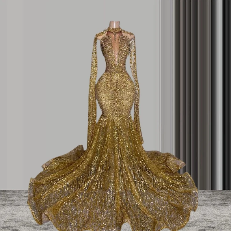 Sparkly Gold Mermaid Prom Awards Show Dress with Cape Cloak Crystal Beaded Sequins Glitter Mesh Red Carpet Gown For Women