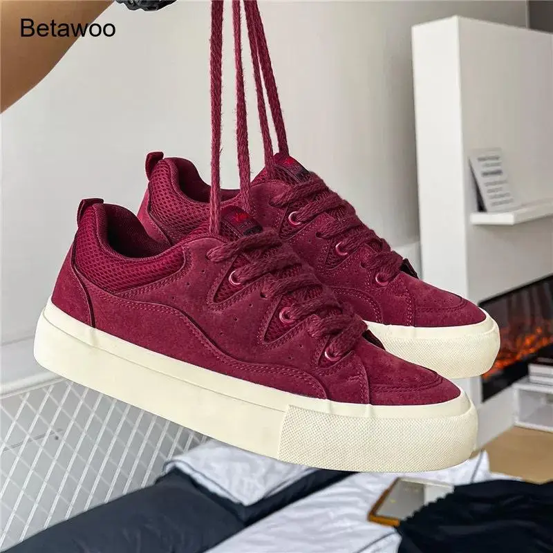 Mens Burgundy Suede Casual Sneakers Low Top Skate Shoes with Thick Off White Sole