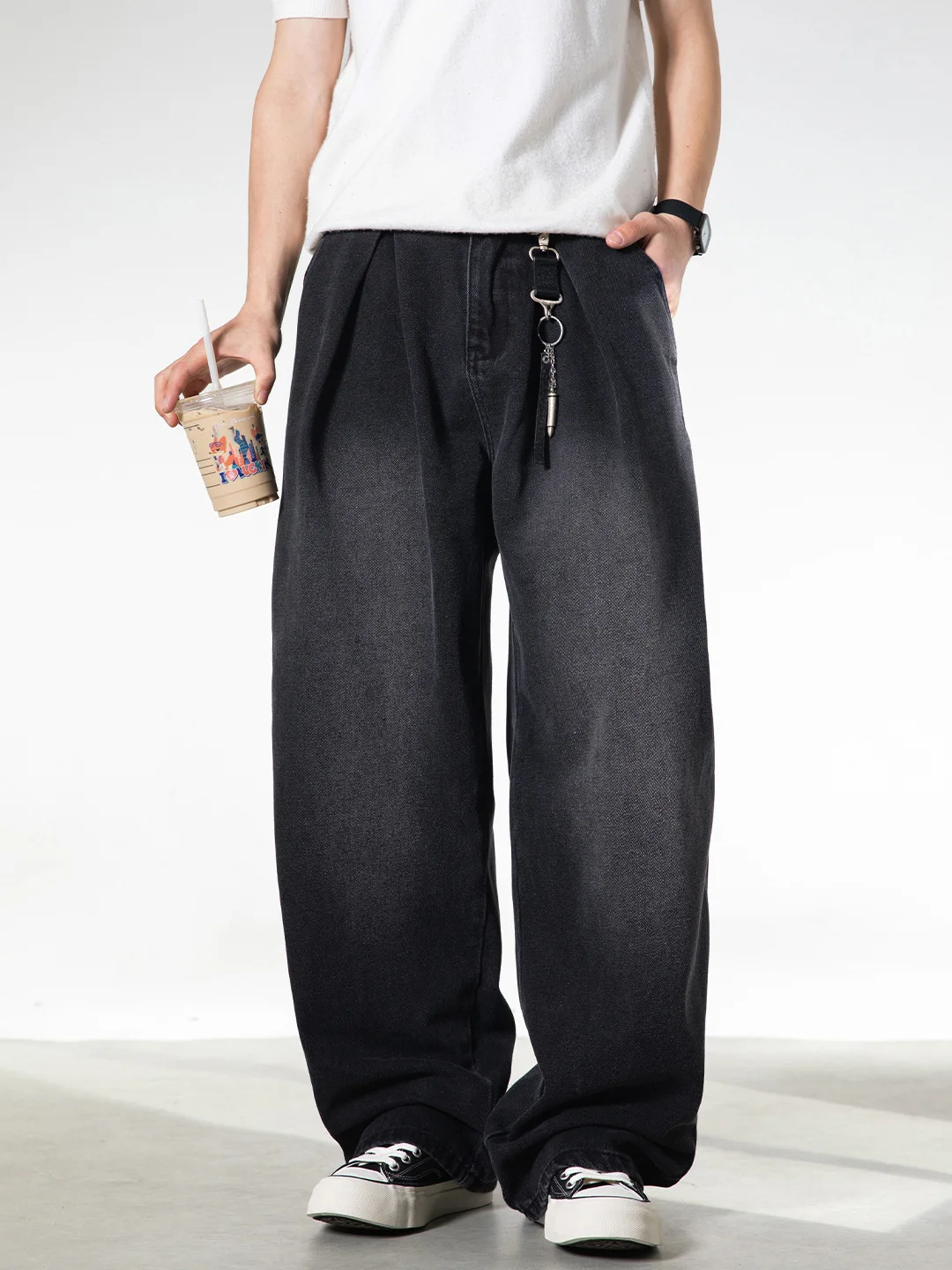 

Waed Vintage Men's Jeans Spring Sle Loose Straight Leg Casual Long Trousers Forked Pleated Distring mid Waist Jeans