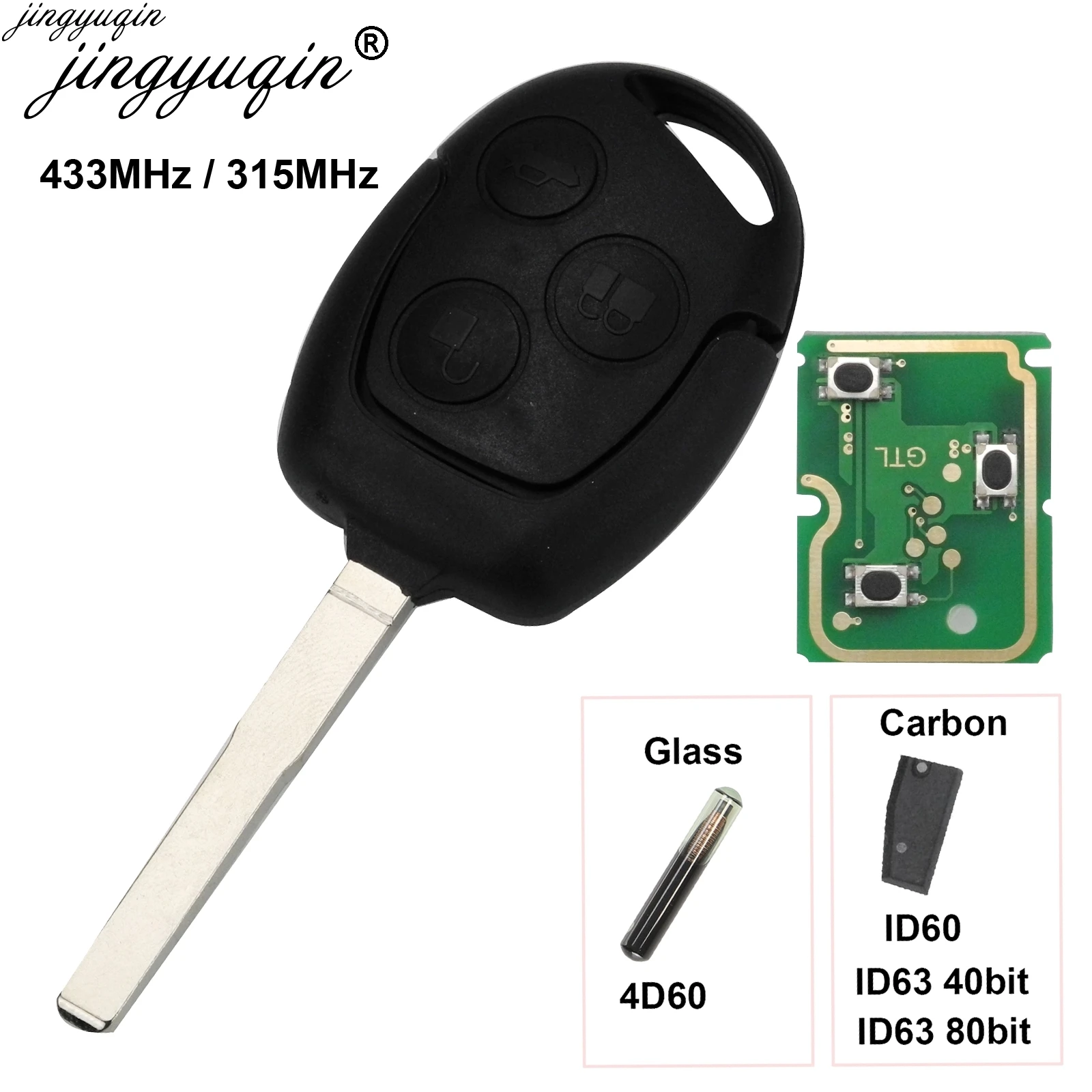 

Jingyuqin 315/433Mhz For Ford Focus Fiesta Fusion C-Max Mondeo Galaxy C-Max S-Max ID60 4D63 Chip 3 Buttons Remote Car Key