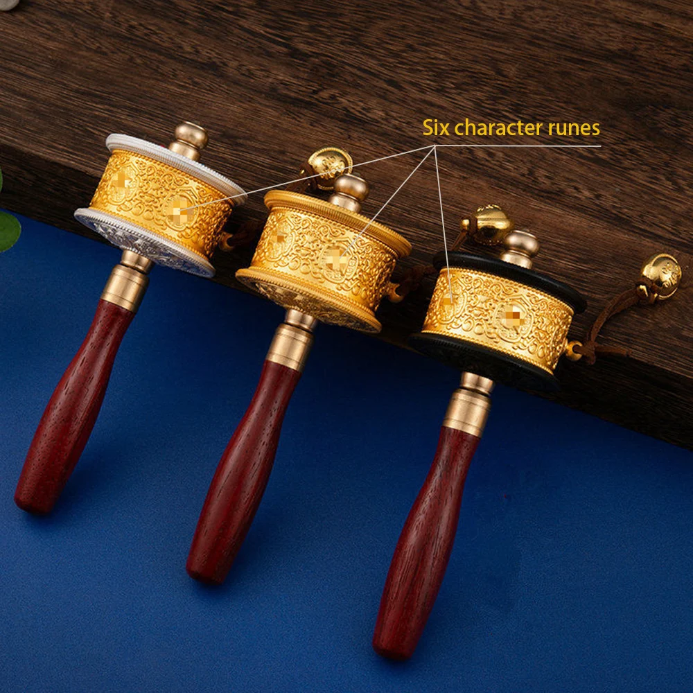 Copper alloy hand cranked prayer wheel, Six-character mantra relief scripture scroll drum, Handheld prayer wheel home ornament