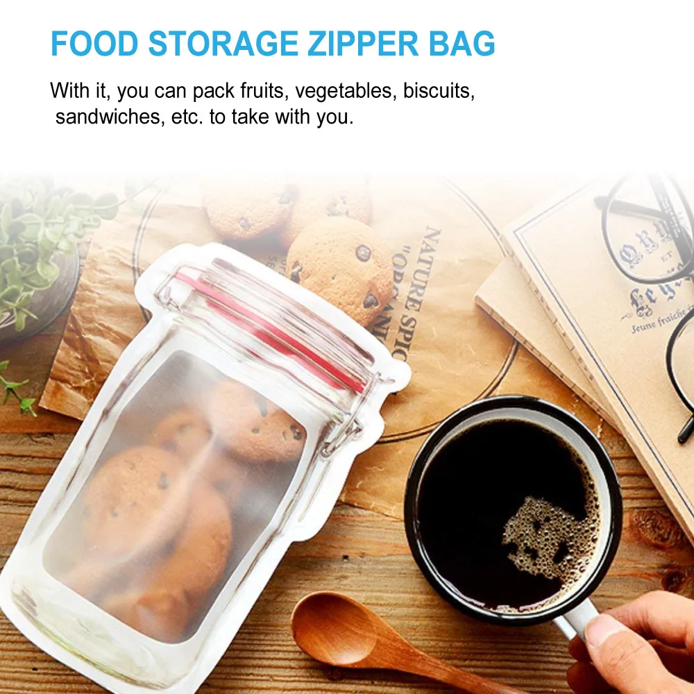 20Pcs Reusable Mason Jar Bottles Bags Seal Fresh Food Zipper Bag Nuts Cookies Snacks Ziplock Bag Kitchen Storage Organizer