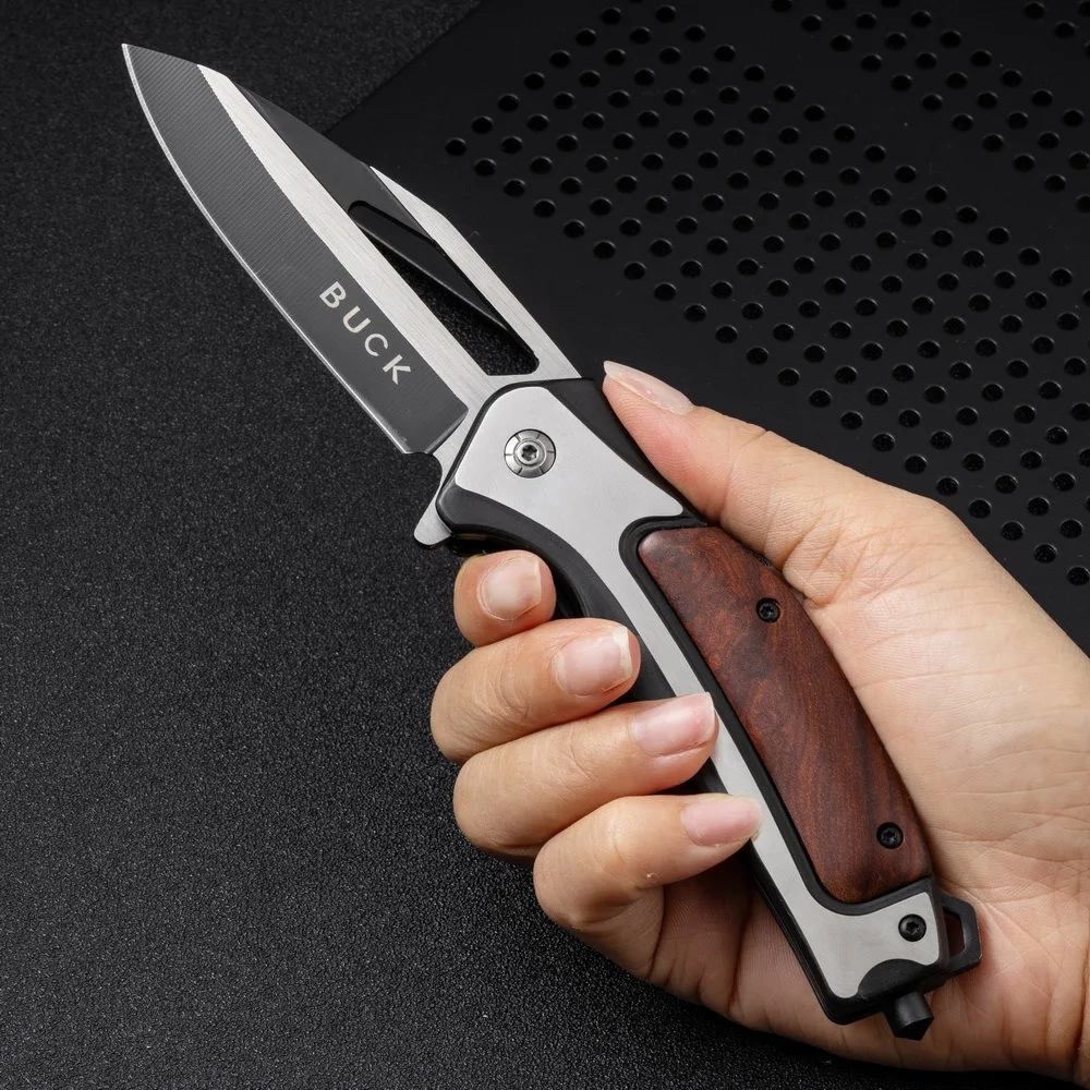 Outdoor Folding Knife with Wooden Handle, Multi-function Pocket Knife, Camping Survival Knife, Field Self-Defense Knife