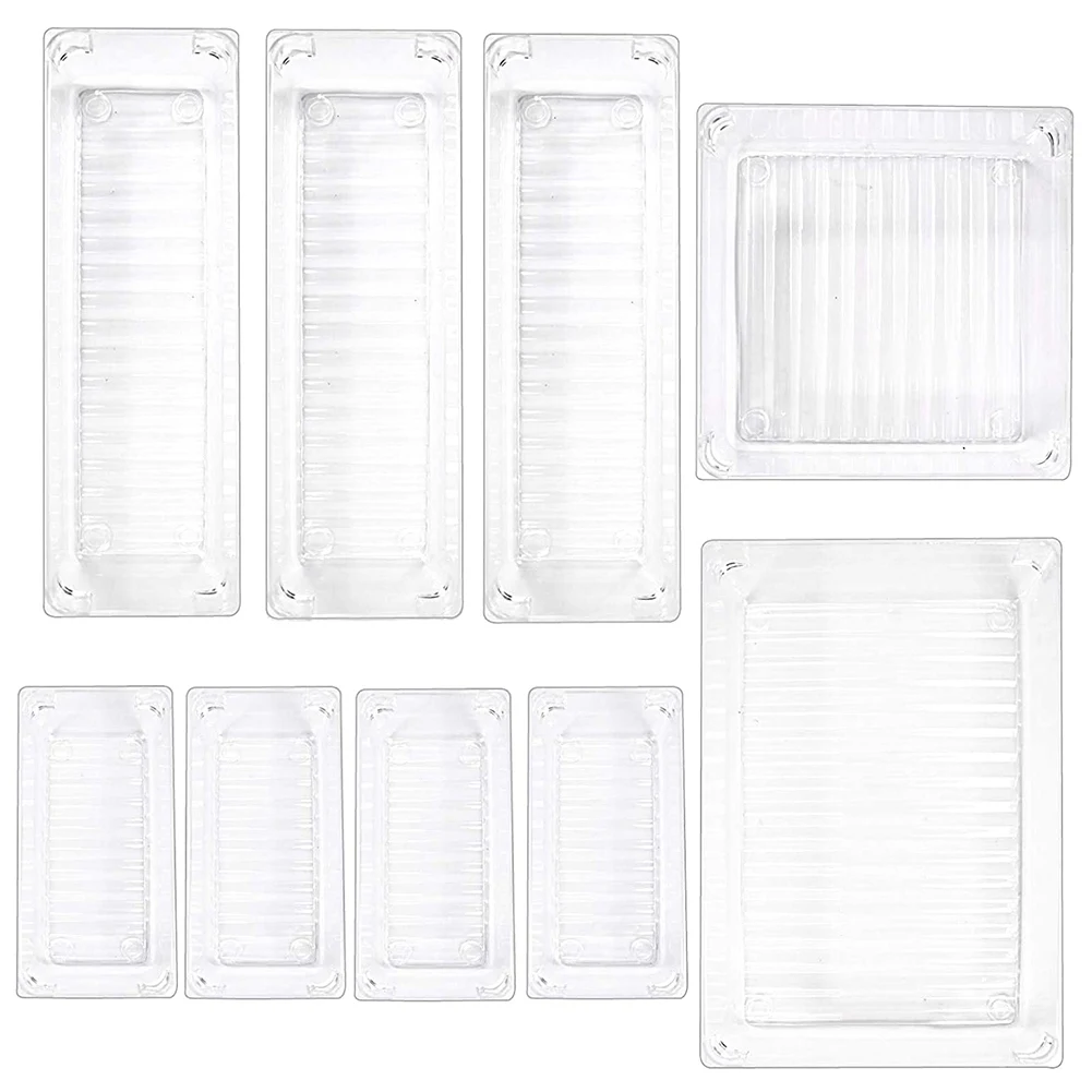 Set of 9 Desk Drawer Organizer Trays with 4-Size Clear Plastic Storage Boxes Divider Make-Up Organiser for Office