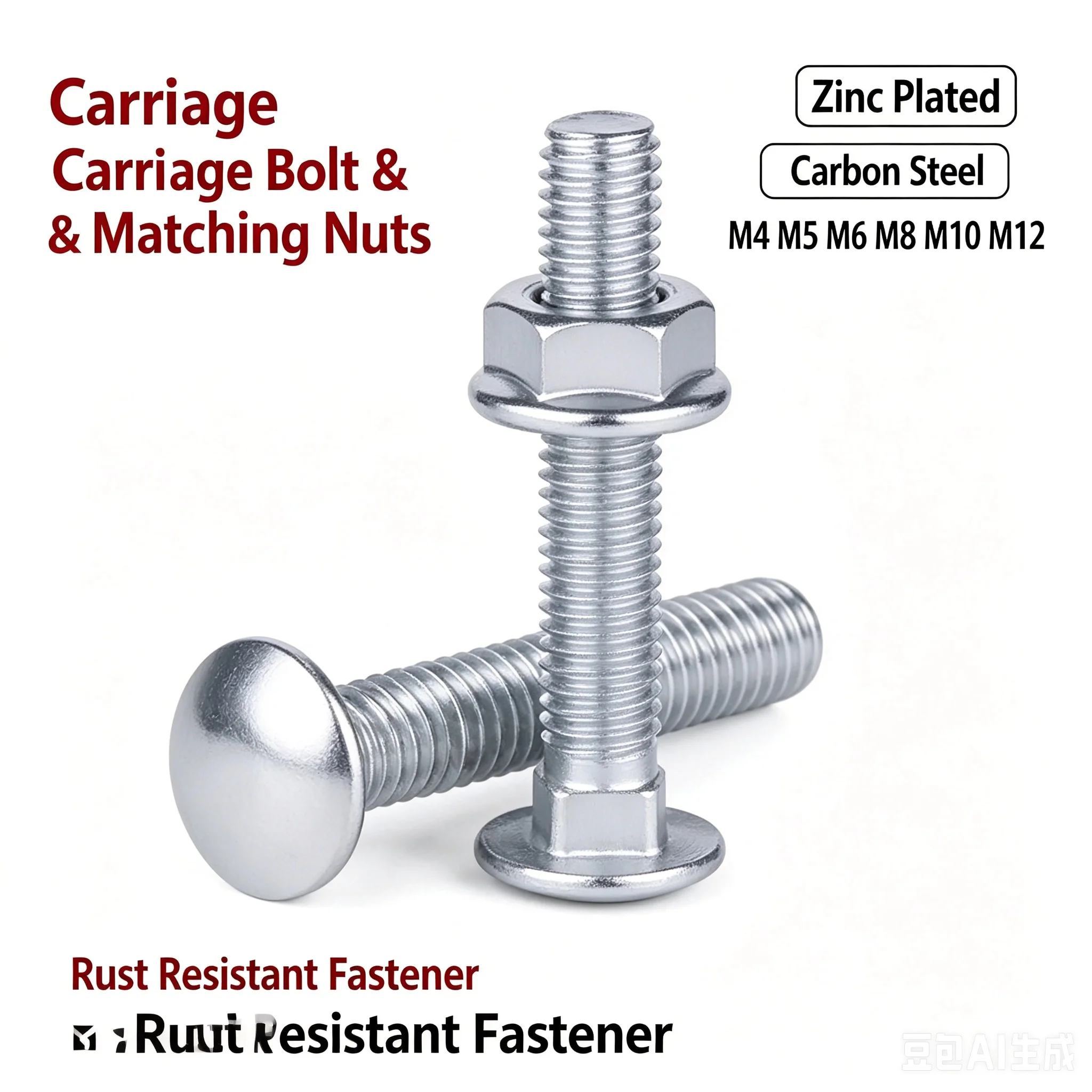 Round Half Head Square Neck Carriage Bolt & Matching Nuts Zinc Plated Carbon Steel Storage Shelf Hardware M4-M12