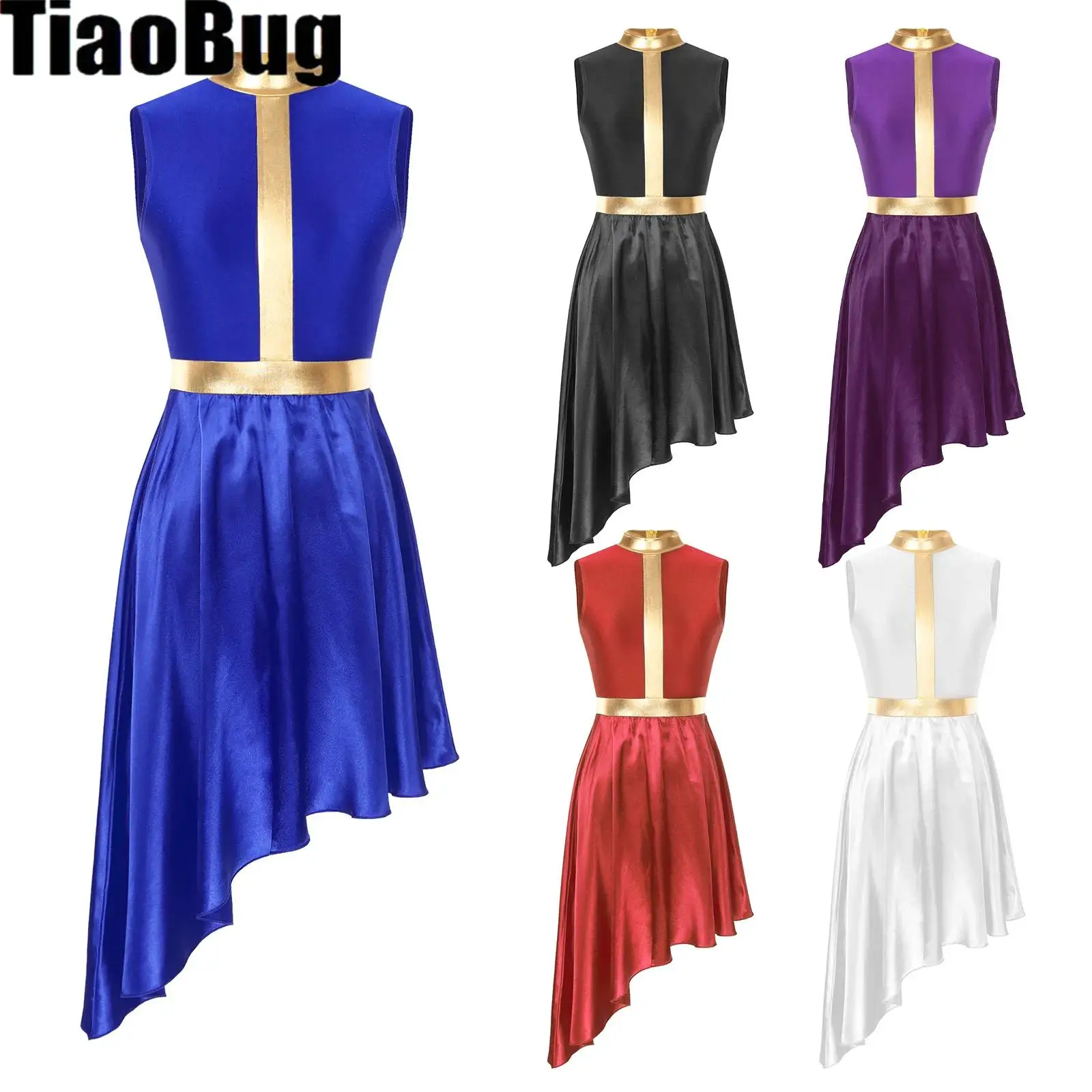 

Women Lyrical Dance Dress Color Block Patchwork Invisible Zipper Back Flowy Asymmetrical Hem Sleeveless Dresses Dancewear