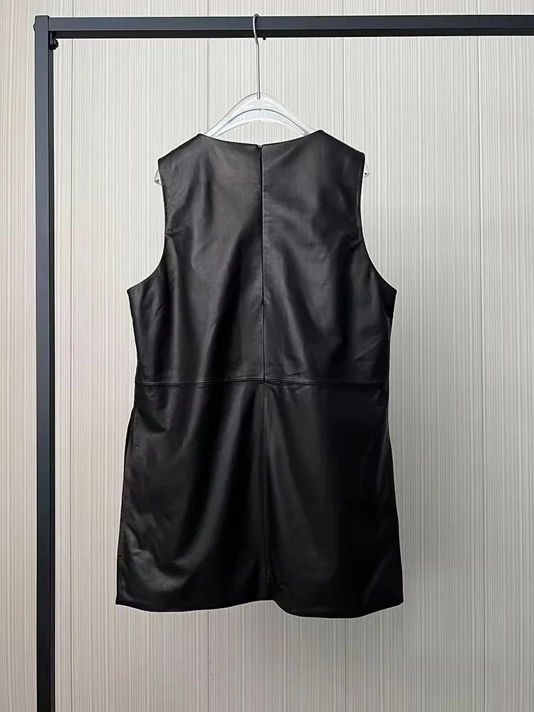 Black Pullover Genuine Leather Vest for Women 2023 New Advanced Design Round Neck Slit Big Pockets Tank Top Oversized Waistcoat