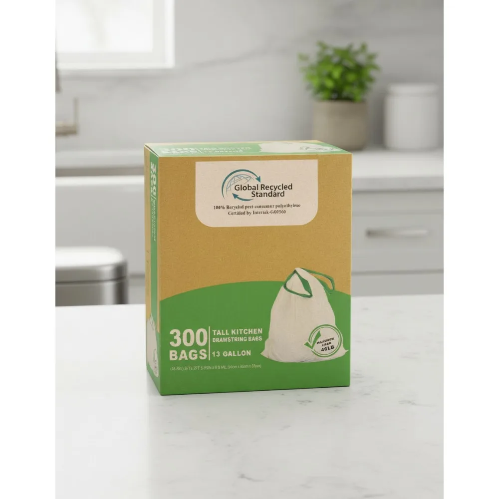 

300 Count 13 Gallon Tall Kitchen Drawstring Trash Bags, Eco-Friendly Recycled Material, Durable & Easy Use