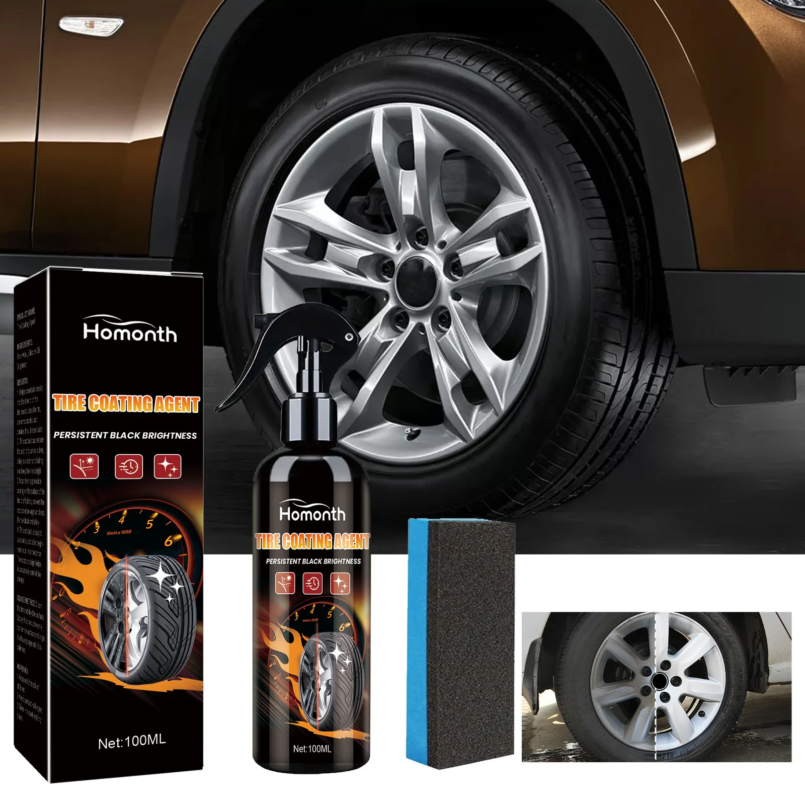 

100ml Tire Shine Spray - Restores Black Color & Adds Shine, Helps Protect Against Cracking & Fading, Long-Lasting Finish