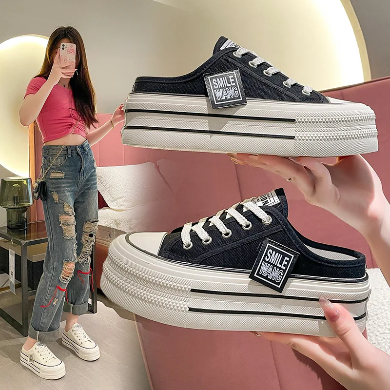 Canvas Half Slippers Female Summer Wear 2024 New Baotou Thick Sole Increase Without Heel Lazy People with Small White Shoes