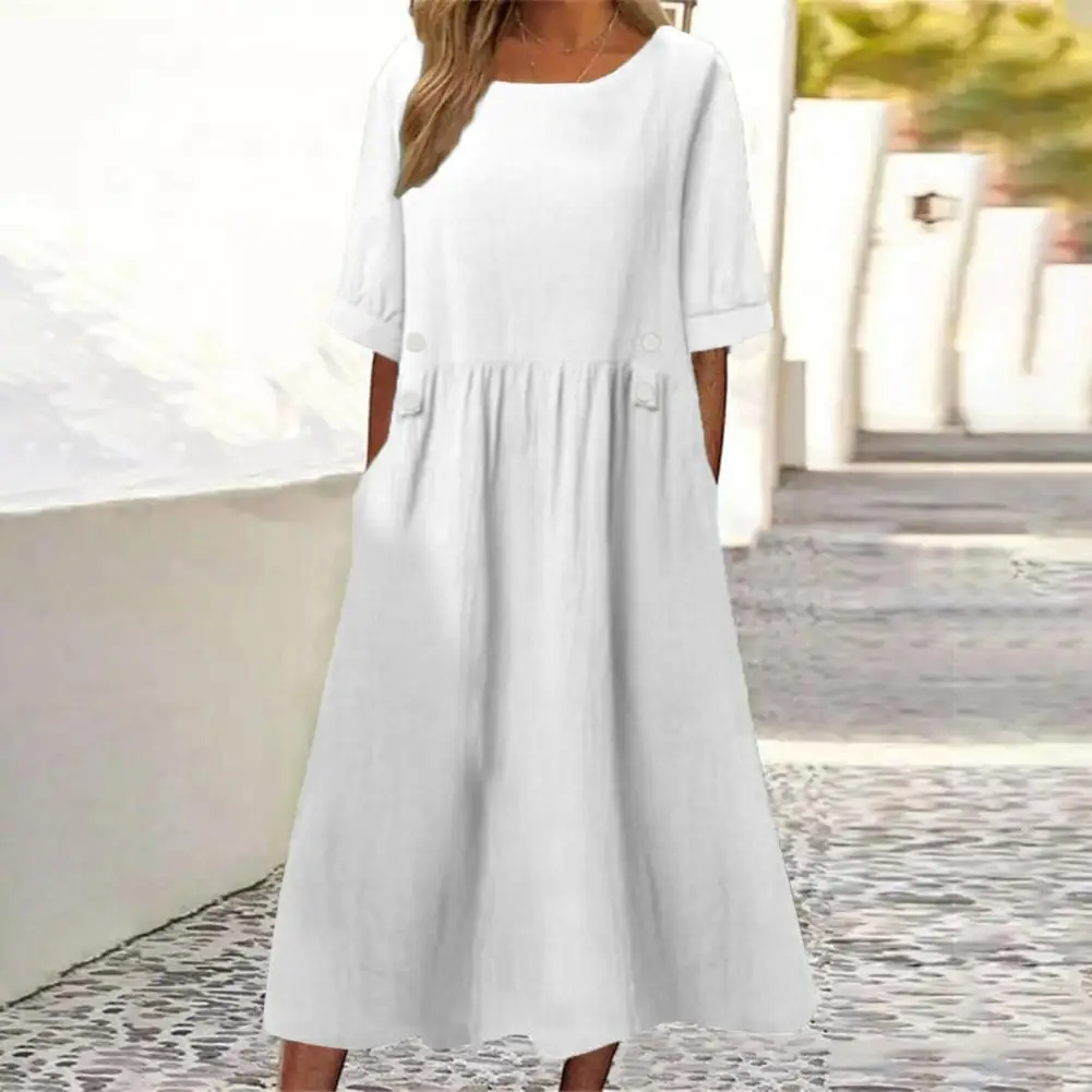 Women Dress Loose Fit Mid Length Dress Double Pockets Button Decoration Round Neck Short Sleeve Boho Style Summer Dress Workwear