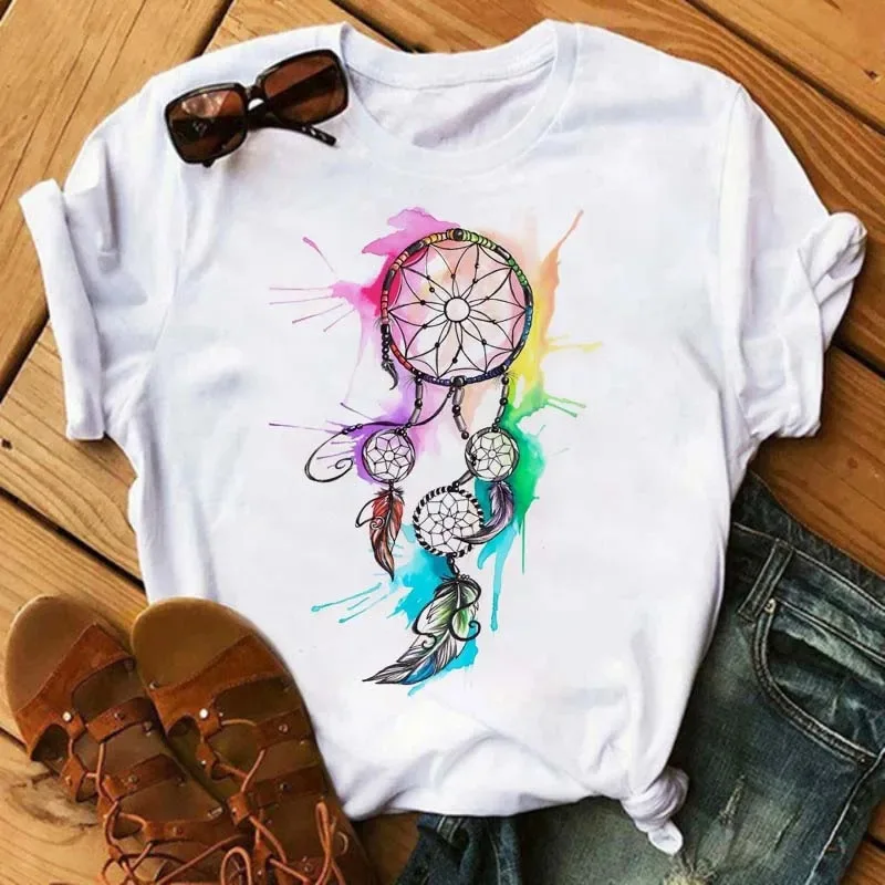 Feather Dreamcatcher Women Fashion T Shirt Harajuku Graphic Tees Shirt Femme Dream Catcher Women's T-shirt Clothes Tops