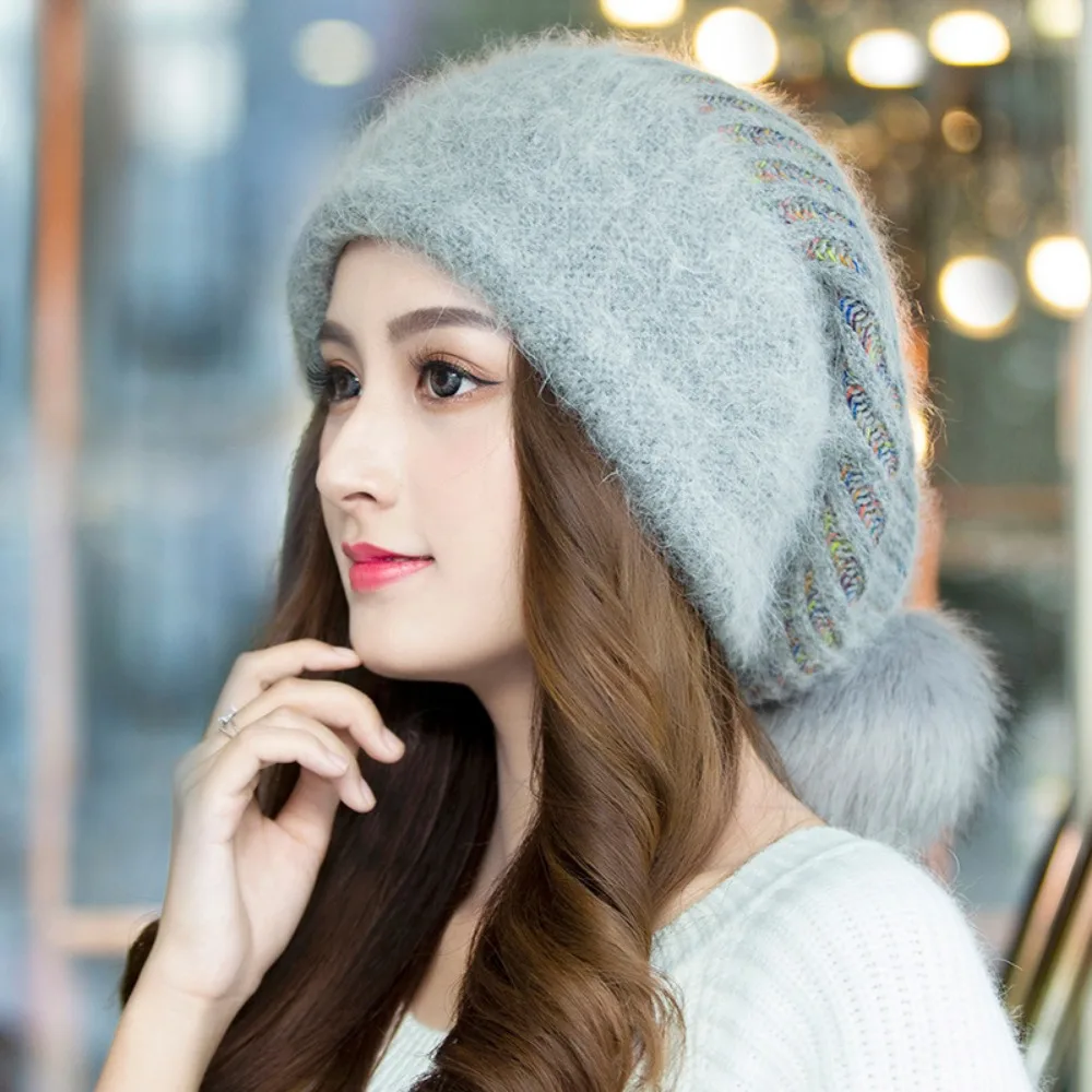 Women Winter Hat Decorate Beanie Hats Rabbit Fur Warm Winter Cap for Female Casual Streetwear Knitted Caps Gorras Para Mujer 모자