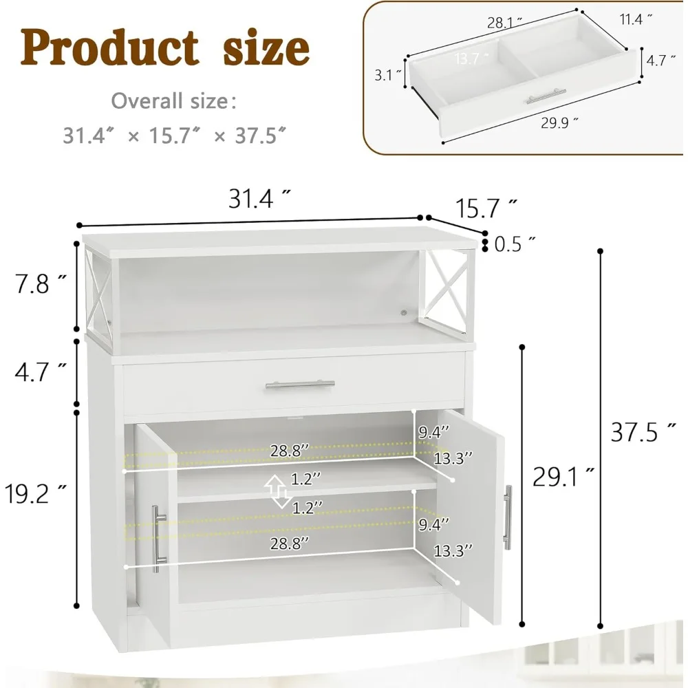 Aparador Buffet Cabinet com Armazenamento, Armazenamento de Cozinha Moderna, Armazenamento Aberto, Prateleira Ajustável, 32 in