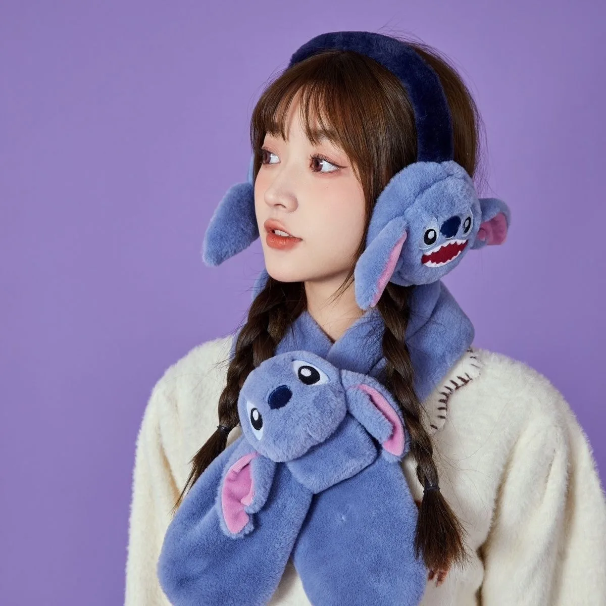 Miniso Stitchs Women's New Winter Warm Eartips Cute Cartoon Plush Comfortable Earplugs Fashionable Sweet Foldable Eartips