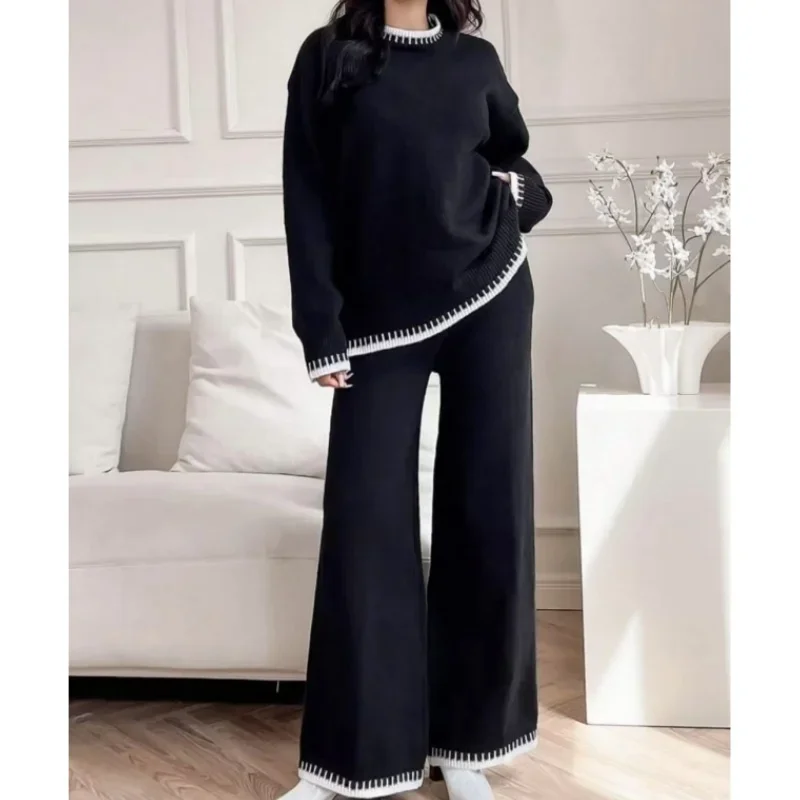 REALEFT Autumn Winter 2 Pieces Women Sets Knitted Tracksuit Patchwork O-Neck Sweater and Straight Jogging Pants Suits Outfits