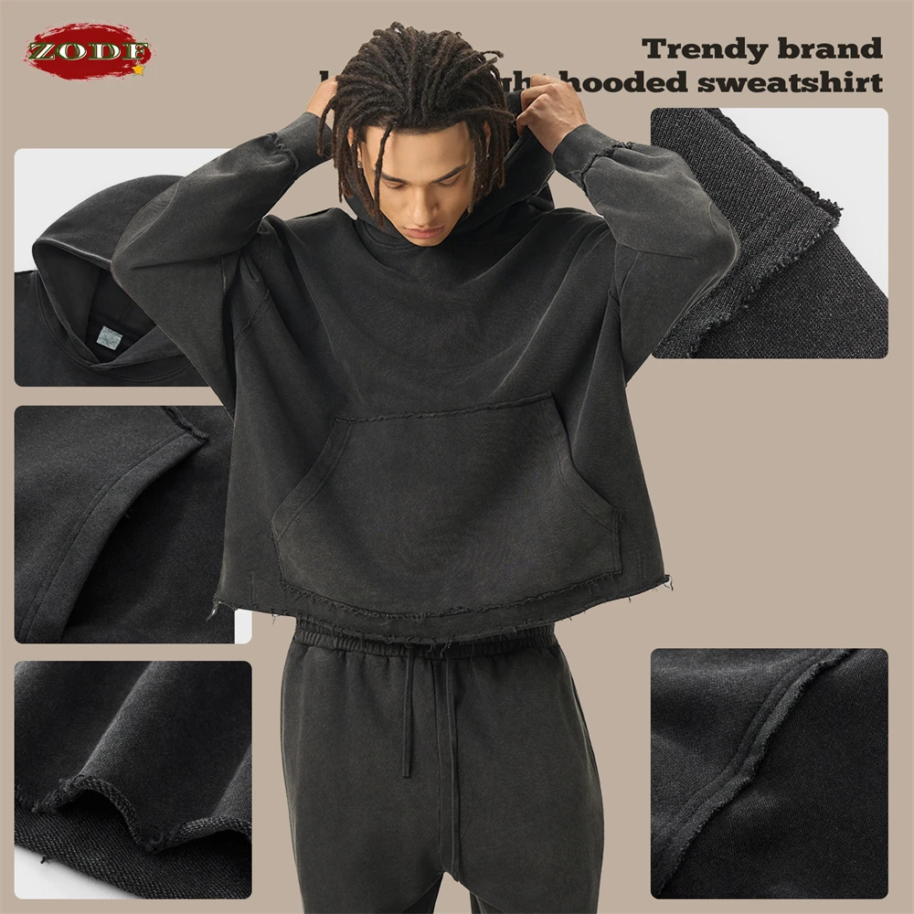 ZODF Retro Winter Men Washed 100% Cotton Boxy Hoodies Unisex Loose Fit Distressed Hooded Pullovers Coats Brand Outfits HY0048