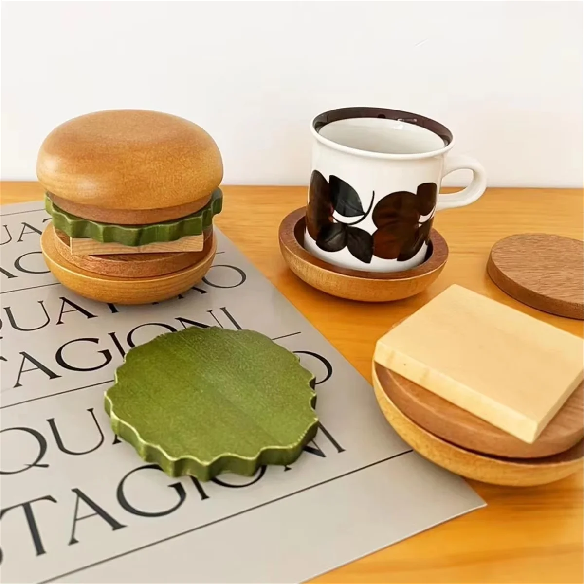 Деревянный набор подставок в гамбурге, поднос для чашек из цельного дерева для закусок, десертов, противоскользящие, изолированные коврики для чашек в форме гамбургера