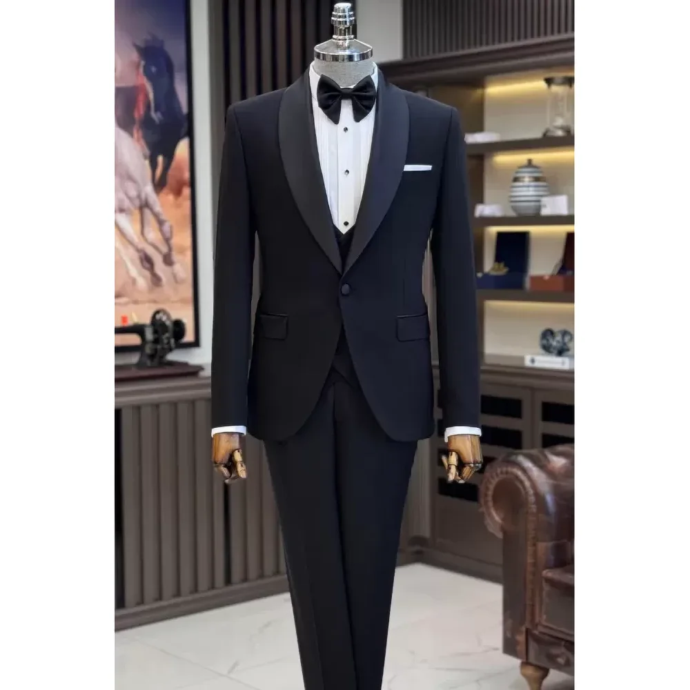 

Black Suits for Men Elegant Shawl Lapel One Button Male Suit Slim (Jacket+Vest+Pants) Banquet Prom Wedding Party Tuxedo 3 Piece