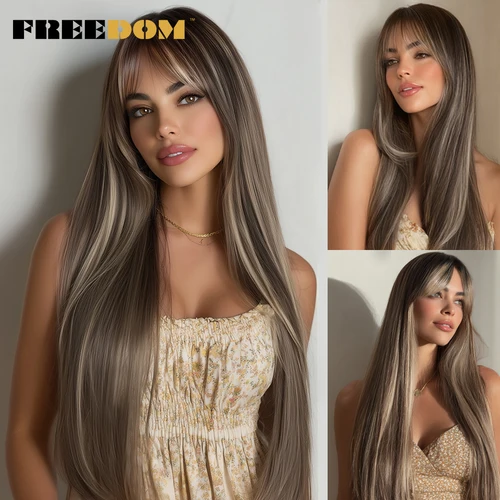 Imagen 1 del producto Peluca larga y recta sintética FREEDOM con flequillo, pelucas sintéticas para mujer, peluca ombré rubia blanca, pelucas de Cosplay de fibra resistente al calor
