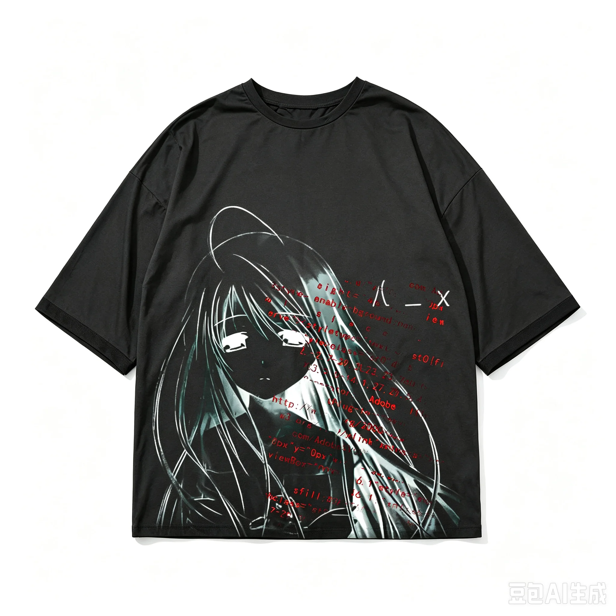 Übergroßes Grafik-T-Shirt mit traurigem Anime-Mädchen-Motiv für Männer und Frauen, Code Glitch Manga-Print, Y2k Grunge Harajuku Streetwear, Baumwolle, lässige Alltags-Oberteile – Detail 3