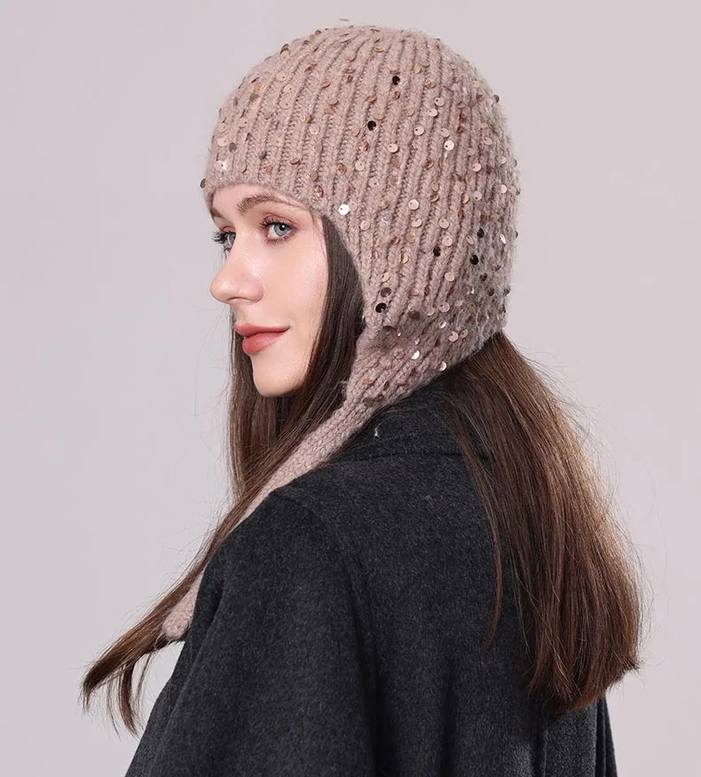 Women's Sequin Rabbit Hair Knitted Hat Winter Warm Everything With Wool Hat Fashion Ear Protection Headgear